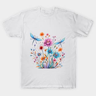 Dragonflies And Flower Doodle Art T Shirt T-Shirt